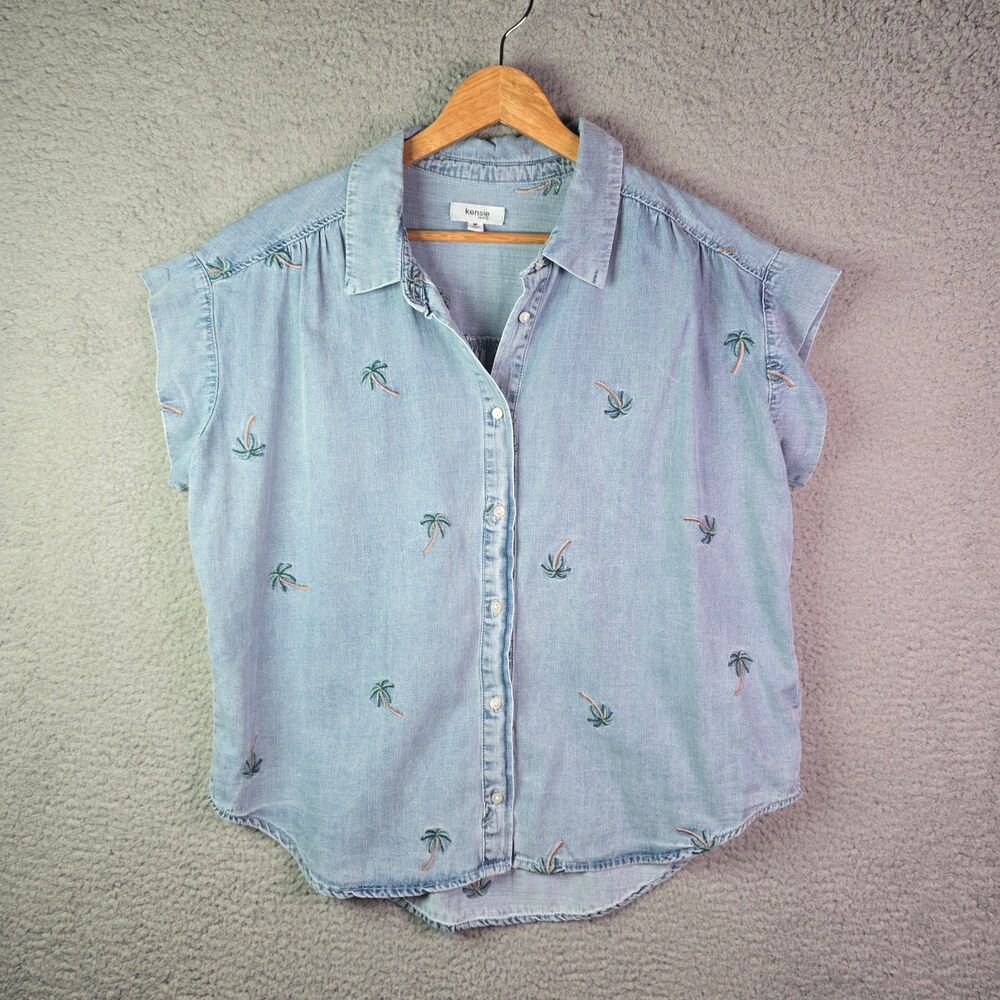 Kensie Jeans Blouse Light Blue M Chambray Embroidered Palm Tree Coastal